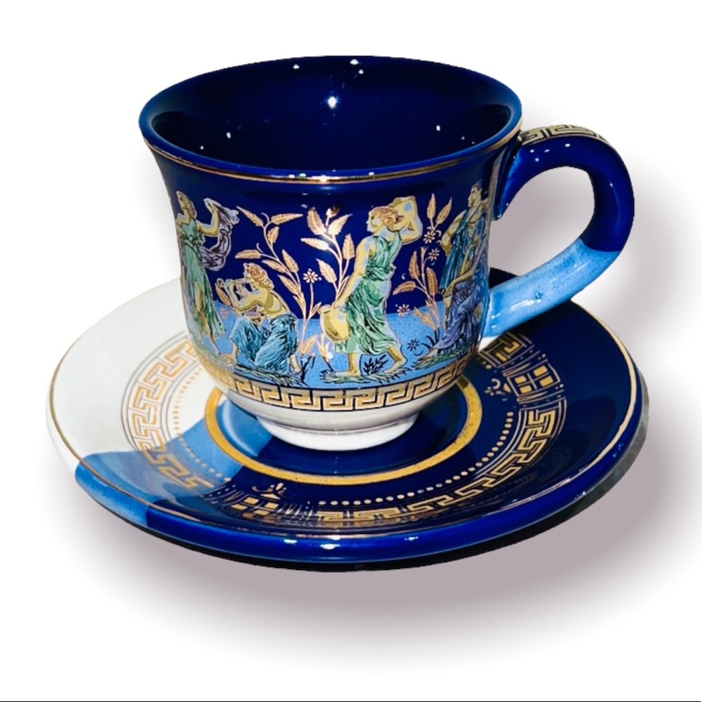 Blue Gold white MUG & SAUCER Set Solomons key Made in Greece Ceramic Glaze 24k